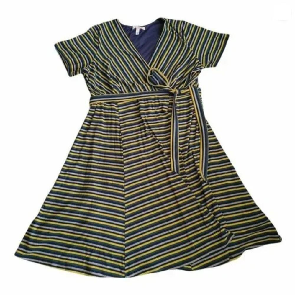 Hutch Stripe Short Sleeve Midi Wrap Dress Party Summer Green Yellow Plus Size 4X